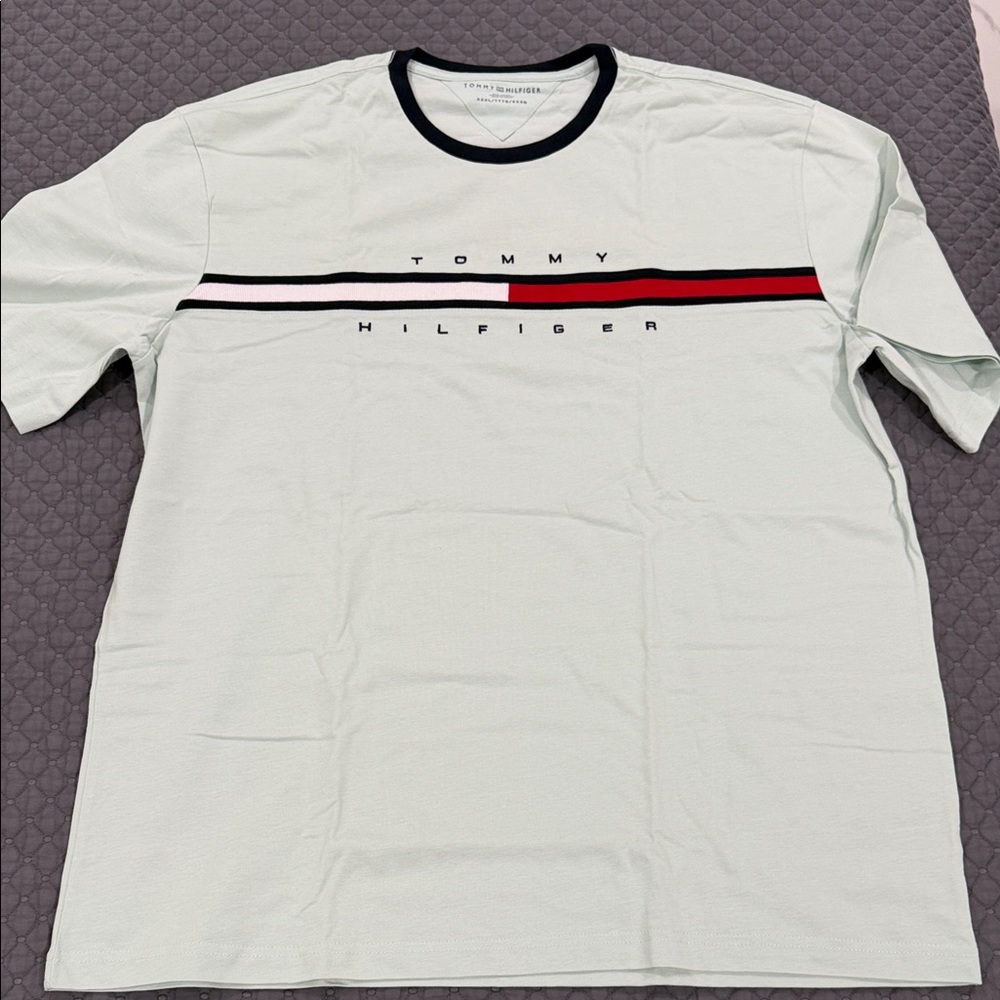 Tommy Hilfiger Men's White Tee with Red and Black Stripes